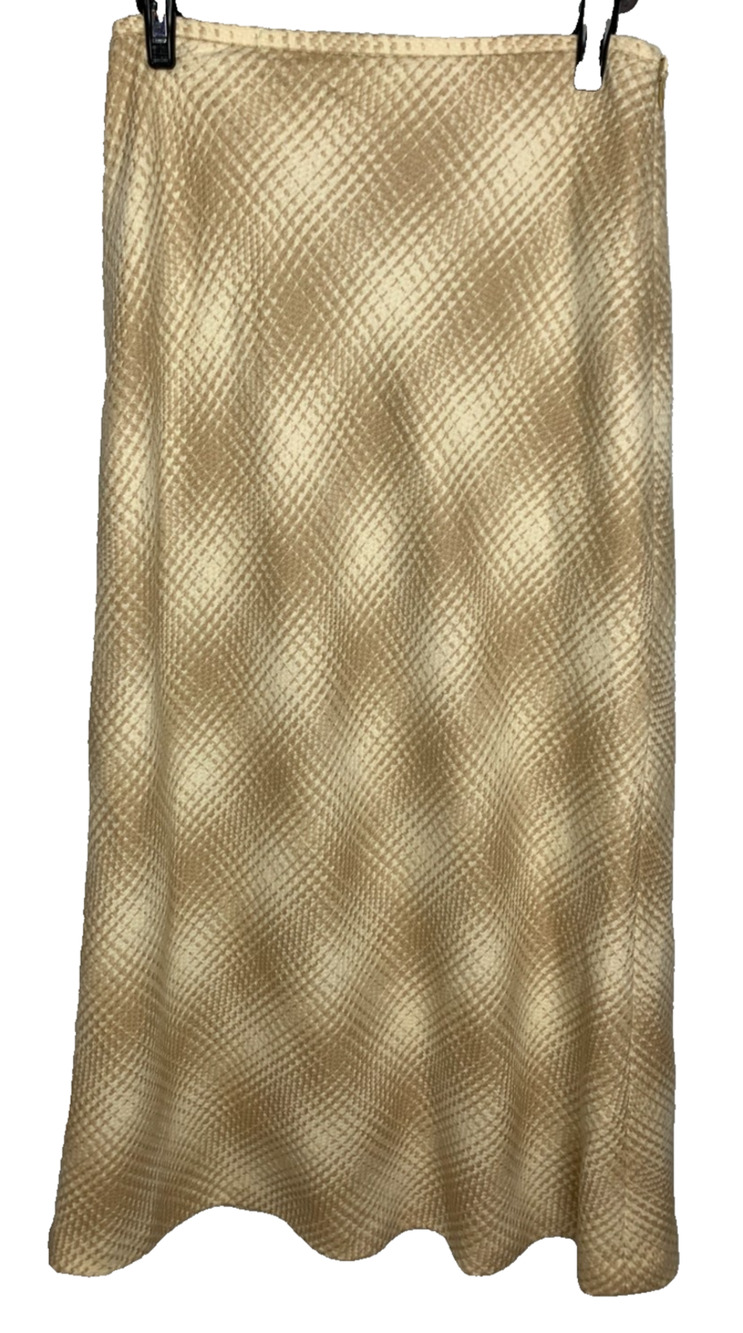 Rena Rowan Long 100% Pure Wool Cream/Tan Plaid Skirt Women's 4